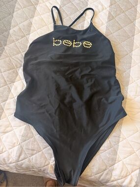 bebe Black One-Piece Swimsuit with Gold Stud Logo